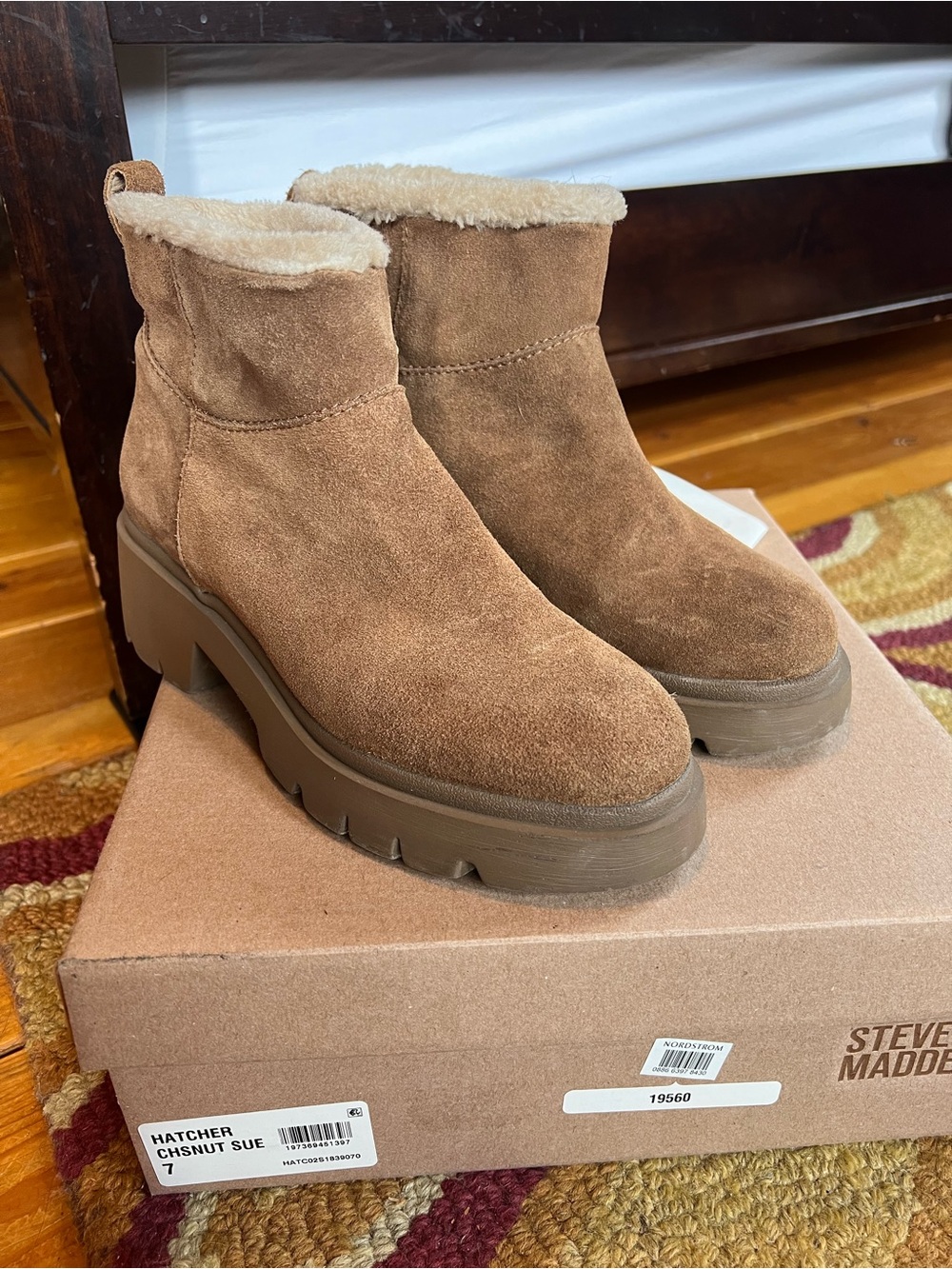 Steve Madden Chestnut Suede Shearling-Trim Lug Ankle Boots